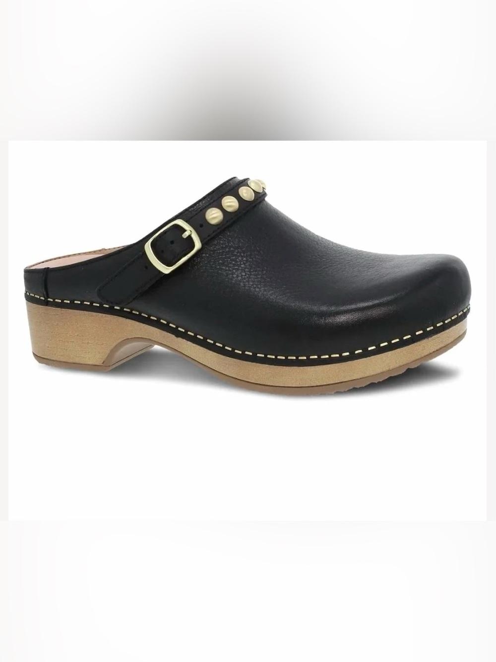 Dansko Black Leather Studded Clog Mule with Gold Accents